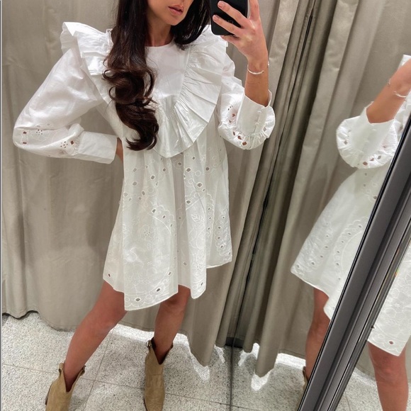 NWT Zara White Ruffled Openwork Embroidery Dress - Picture 5 of 9